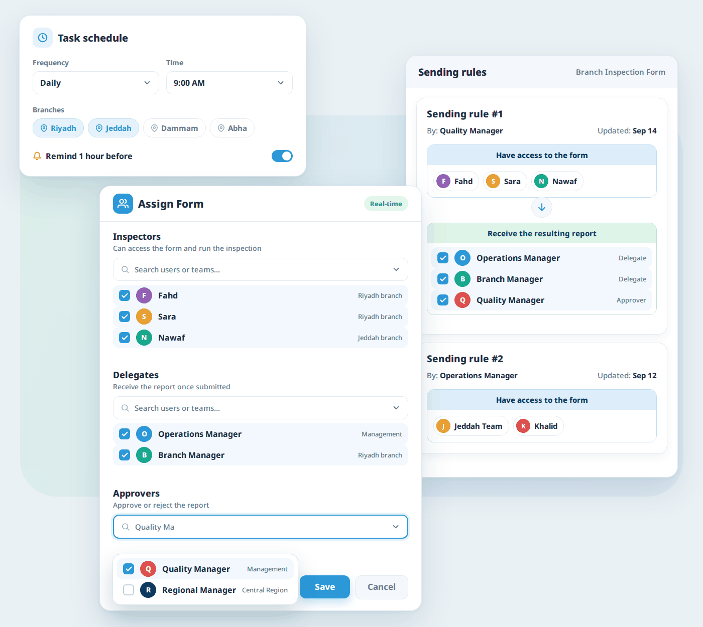 Assigning an inspection in Tamam: sending rules for form access and report recipients, inspectors, delegates and approvers, and task scheduling with recurrence, time, branches and notifications
