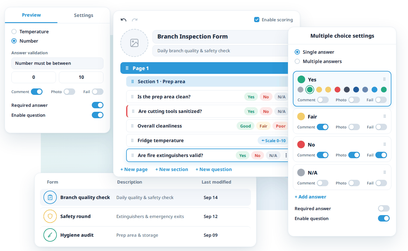 Tamam form builder: questions and answer types, multiple-choice settings, number question settings, and the forms list