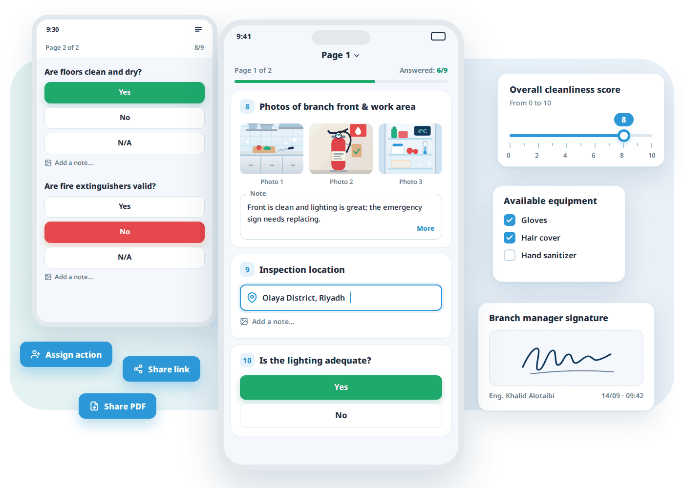 Digital inspections in Tamam: yes/no questions, photos and notes, location, signature and report sharing