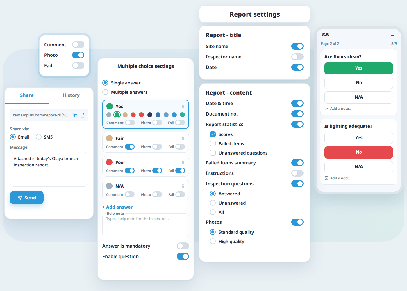 More Tamam features: report settings for header and content, multiple-choice answer settings, report sharing by link, PDF, email or SMS, and inspection answers in the mobile app