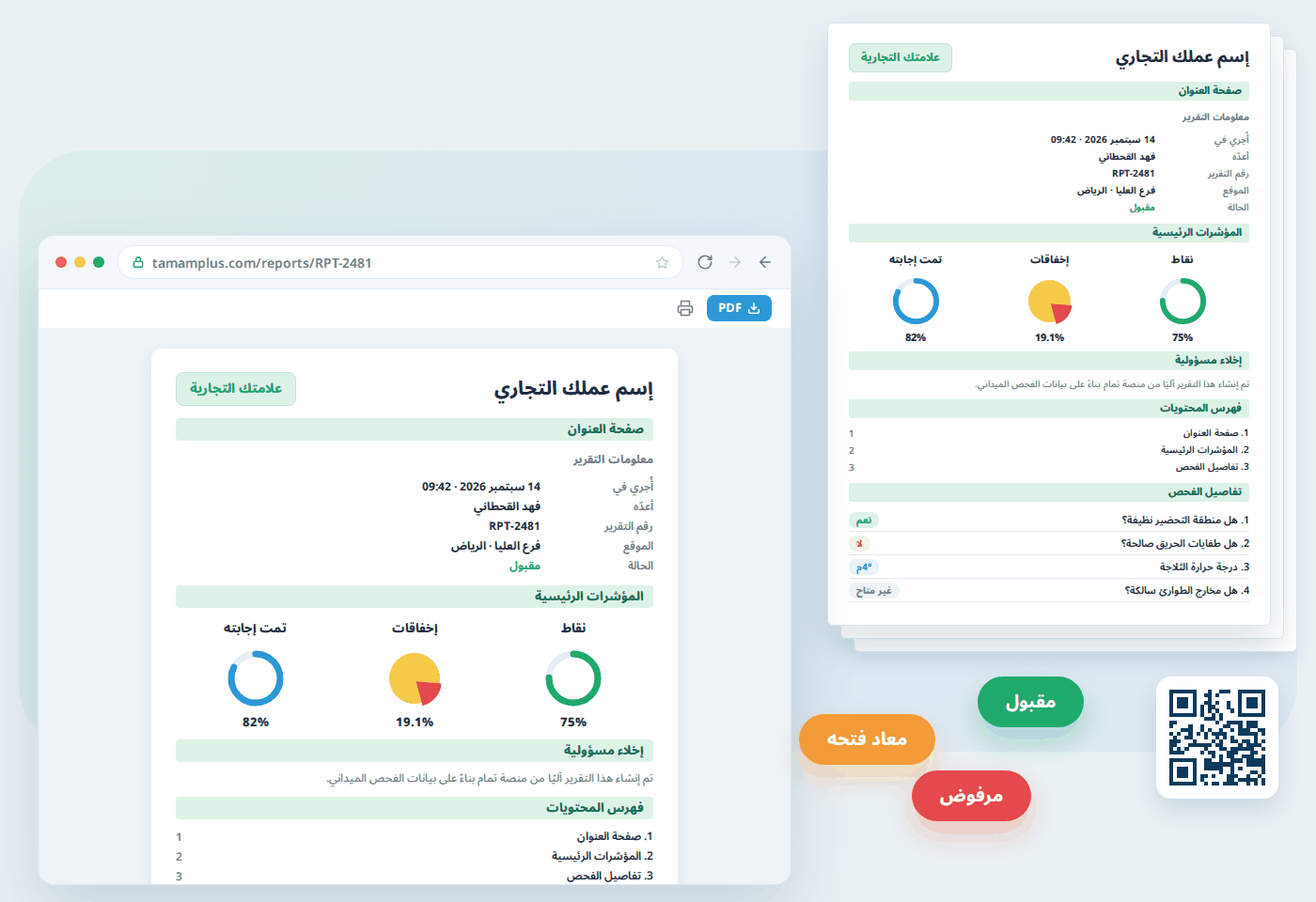 تقارير تمام الذكية: تقرير فحص بهويتك التجارية مع المؤشرات الرئيسية وحالة الاعتماد ومشاركته كرابط أو PDF