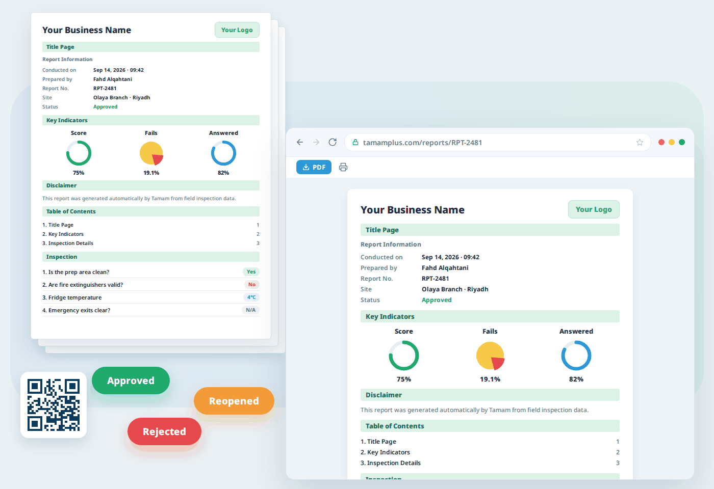 Tamam smart reports: a branded inspection report with key indicators, approval status, and sharing as a link or PDF